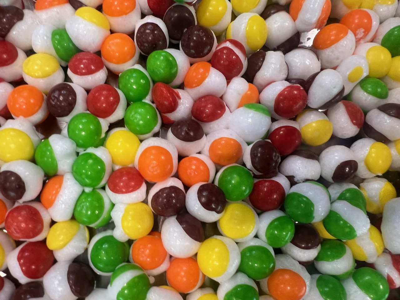 Close-up of Crackle Candy Co. freeze dried candy — puffy, crisp, and colorful